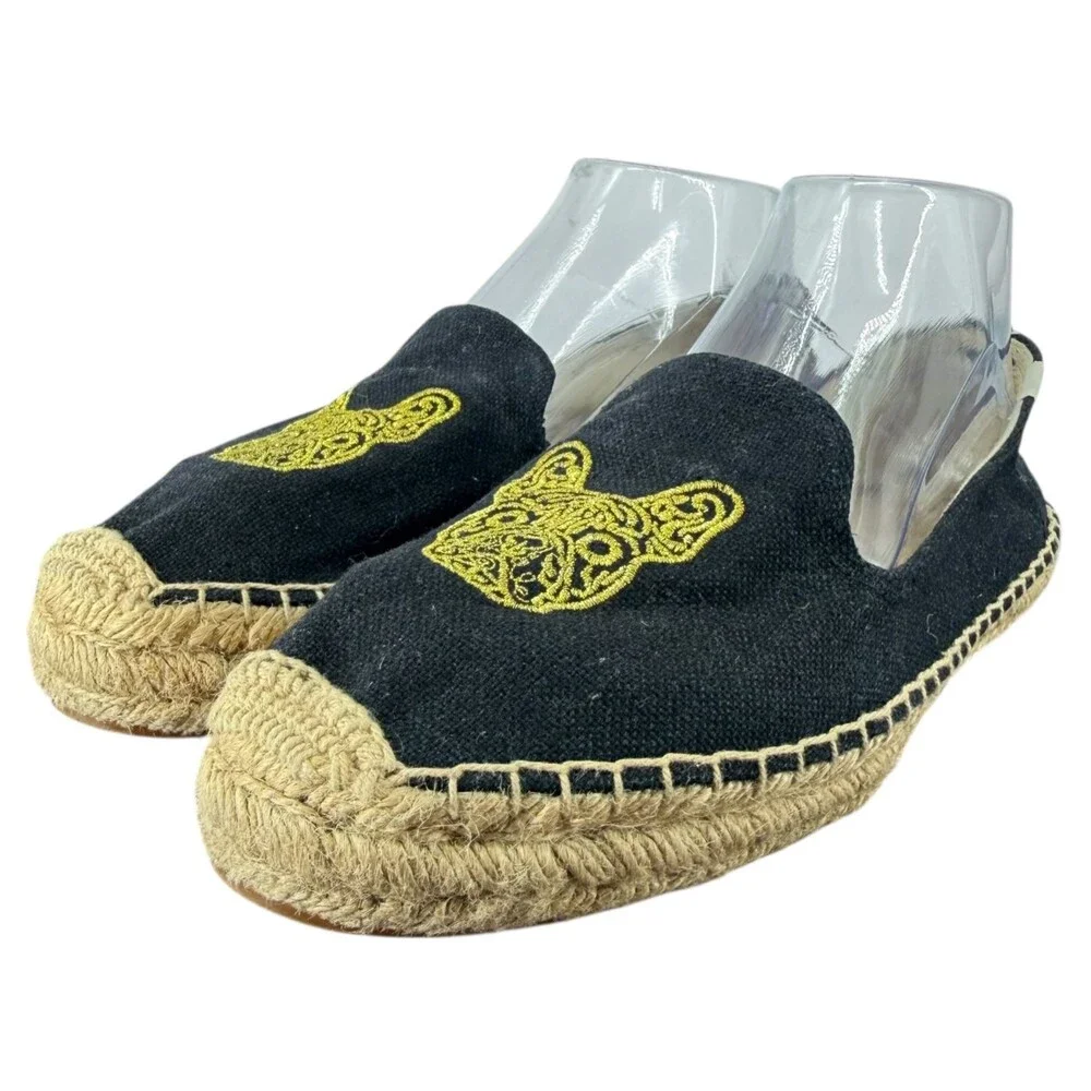 Soludos French Bulldog Espadrilles Size 9.5 Black Embroidered Slip On Frenchie